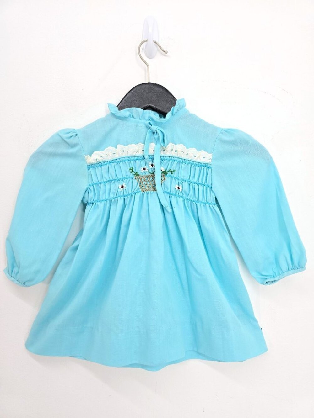VTG Polly Finders Blue Green Peter Pan Collar Embroidered Baby Dress Toddler 4T